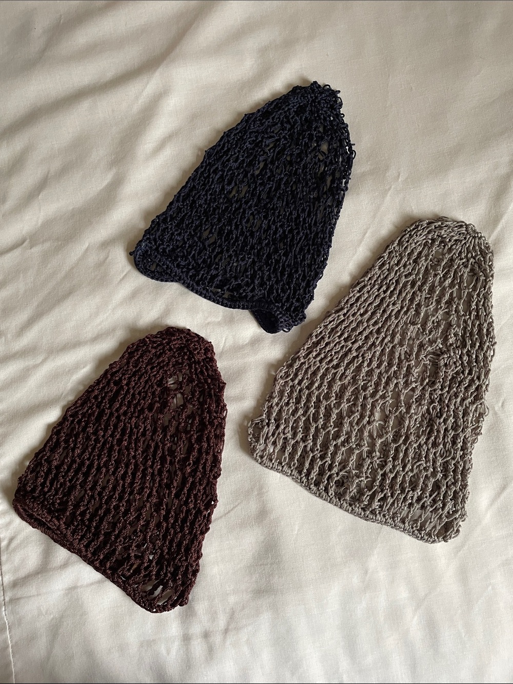 3 Pc Women’s Rayon Crocheted Mesh Hair Net Snoods in Navy, Grey, Brown